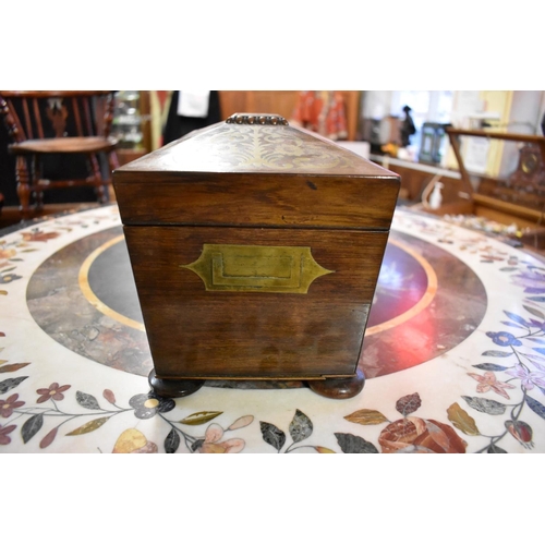 1340 - An early 19th century rosewood and brass inlaid sarcophagus tea caddy, 33cm wide, (s.d.).... 