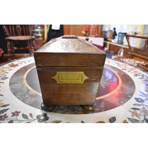 1340 - An early 19th century rosewood and brass inlaid sarcophagus tea caddy, 33cm wide, (s.d.).... 