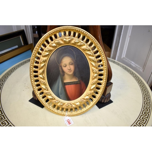 1344 - After Raphael, 'The Madonna del Granduca', oil on board, 21.5 x 17.5cm oval, in carved giltwood fram... 