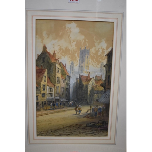 1345 - T Mortimer, figures in a town, signed, watercolour, 36.5 x 23.5cm.   