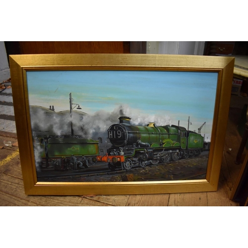 1351 - A Jampin, a Castle Class railway locomotive, signed, oil on board, 38 x 60cm; together with two othe... 