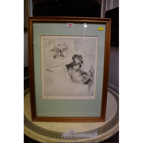 1353 - Paul Cesar Helleu, 'Mme and her daughter Ellen', dry point etching, signed in pencil, pl.33.5 x 30cm... 