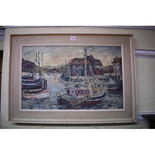 1362 - George Hann, boats in a harbour, signed, oil on board, 37 x 59cm.  