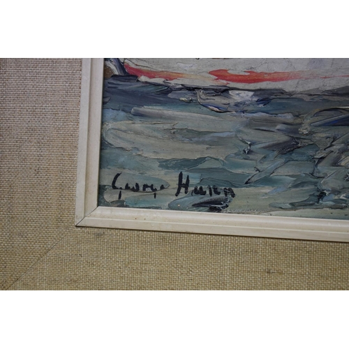 1362 - George Hann, boats in a harbour, signed, oil on board, 37 x 59cm.  