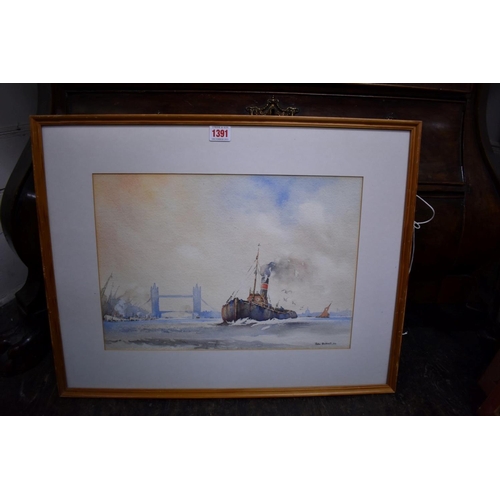 1391 - John Bicknell, a Thames tug, signed and dated '54, watercolour, 28.5 x 41cm.