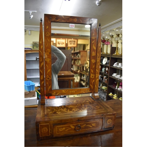 1418 - An antique walnut and marquetry toilet mirror, stamped 'H Mawer & Stephenson Ltd, London', 66.5c... 