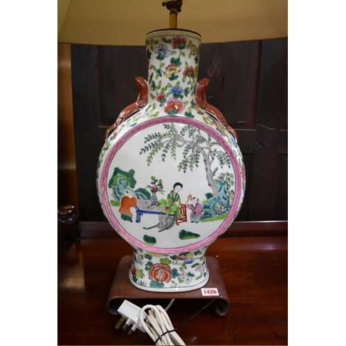 1426 - A large pair of Chinese famille rose twin handled vase form table lamps, total height including shad... 