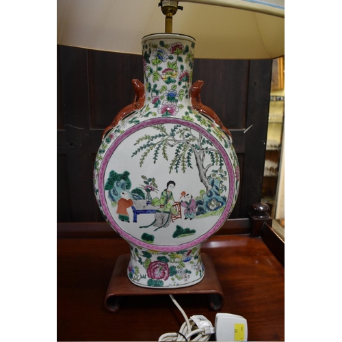 1426 - A large pair of Chinese famille rose twin handled vase form table lamps, total height including shad... 