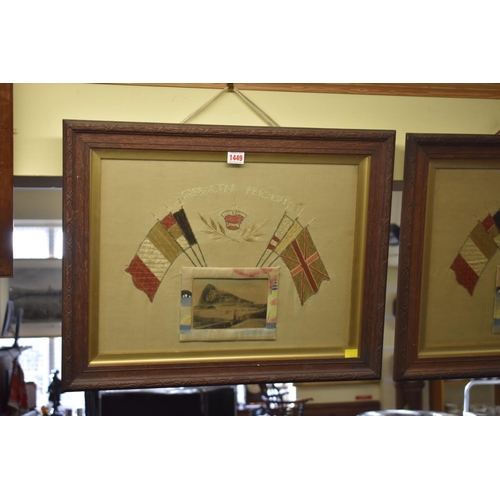 1449 - Two regimental style 'Gibraltar Present' embroidered panels, 35.5 x 48.5cm.