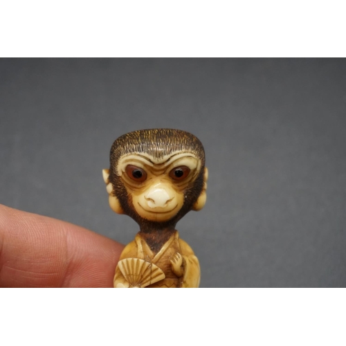 1250 - An unusual Japanese carved ivory netsuke, Meiji, depicting a standing monkey in robes, with inset ey... 