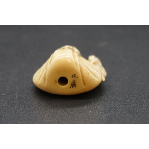 1254 - A good Japanese carved ivory netsuke, by Masahiro, Edo, depicting Daruma wall-gazing, with inset eye... 