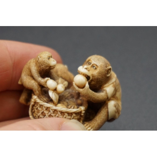 1271 - A good Japanese carved ivory netsuke, Meiji, depicting three monkeys eating peaches from a basket, 4... 