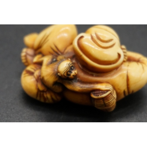 1282 - A good Japanese carved ivory netsuke, Edo, depicting a  sleeping Saruwamashi and monkey, 5cm wide.... 