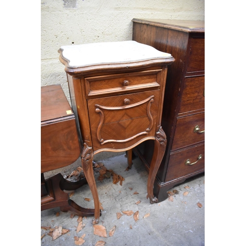 1239 - A late 19th century French walnut and marble top pot cupboard, 39.5cm wide. ... 