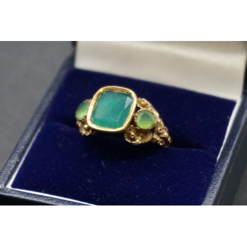 201 - A William IV yellow metal ring set chrysoprase, engraved to shank J S to F S Nov 7 1834, size K 1/2.... 