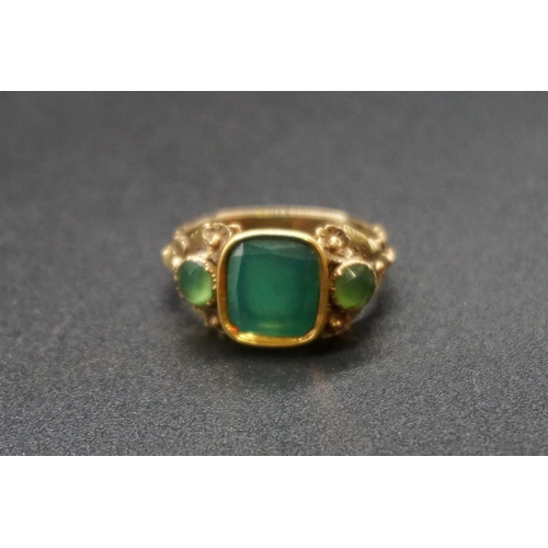 201 - A William IV yellow metal ring set chrysoprase, engraved to shank J S to F S Nov 7 1834, size K 1/2.... 