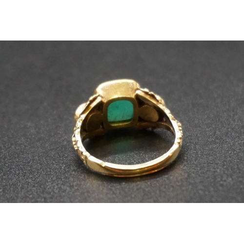 201 - A William IV yellow metal ring set chrysoprase, engraved to shank J S to F S Nov 7 1834, size K 1/2.... 