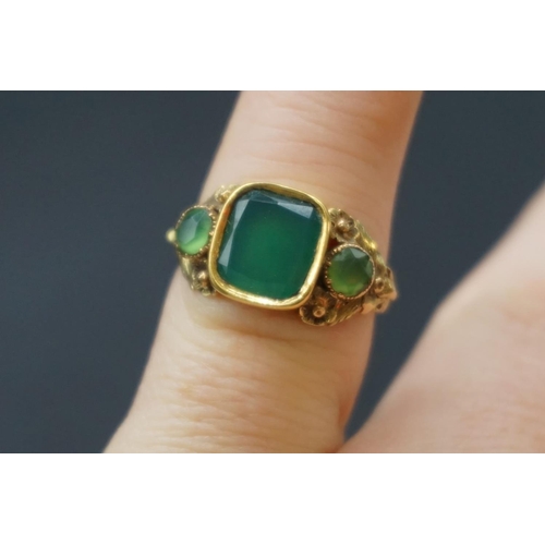 201 - A William IV yellow metal ring set chrysoprase, engraved to shank J S to F S Nov 7 1834, size K 1/2.... 