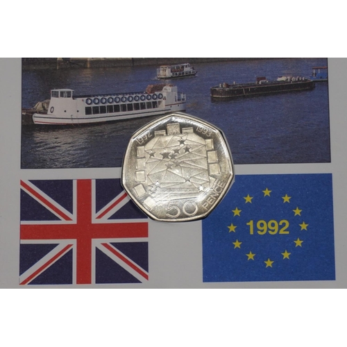 419 - Coins: Royal Mint, three 1992/1993 dual dated EEC British Presidency of Europe fifty pence first day... 