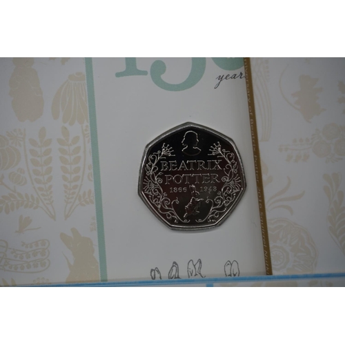 430 - Coins: Royal Mint, seven 'Beatrix Potter and Her Littles Tales' 2018 uncirculated fifty pence coin p... 