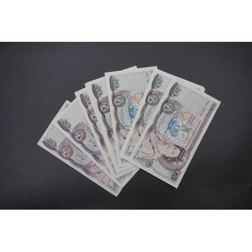 447 - Bank Notes; Bank of England, nine D H F Somerset twenty pound notes, four of which have consecutive ... 