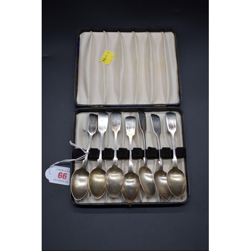 66 - A set of seven Victorian silver fiddle pattern teaspoons, by Josiah Williams & Co, Exeter 1858, ... 