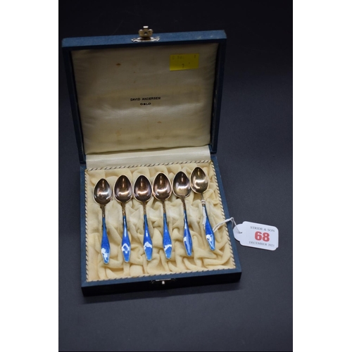 68 - A cased set of six Norwegian 925 silver gilt and blue guilloche enamel coffee spoons, 60g, in David ... 