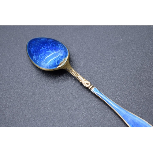 68 - A cased set of six Norwegian 925 silver gilt and blue guilloche enamel coffee spoons, 60g, in David ... 