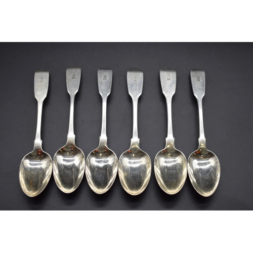 77 - A set of six Victorian silver fiddle pattern dessert spoons, by Charles Shaw, London 1845, 254g.... 