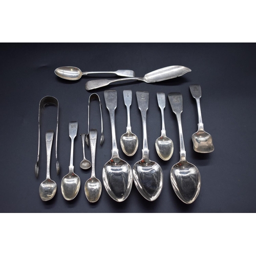 78 - A quantity of Georgian and later silver cutlery; to include three fiddle pattern tablespoons; and a ... 