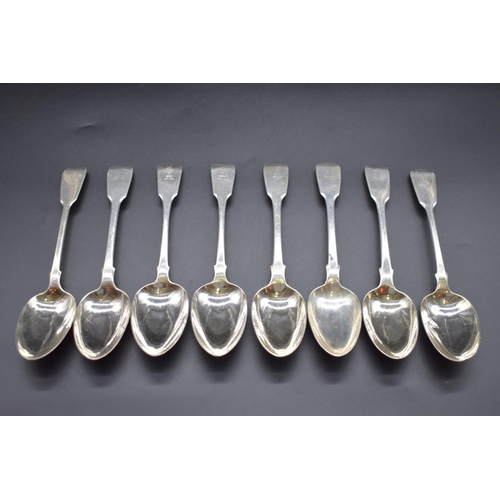 81 - Eight silver fiddle pattern tablespoons, different dates and makers, 577g.