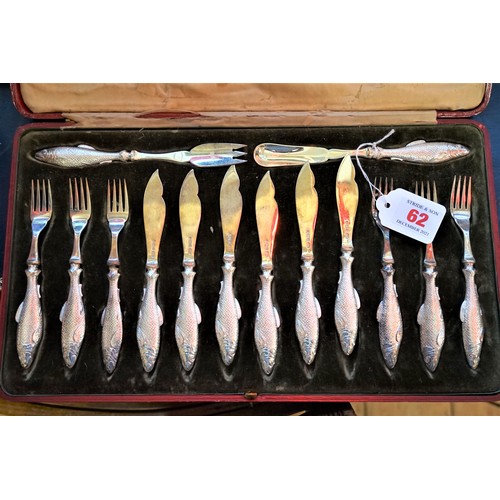 62 - A good cased set of six pairs of silver fish knives & forks and a pair of servers, by Harrods, S... 