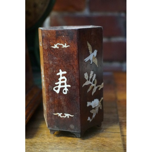 1233 - A collection of Oriental carved wood boxes and similar, to include a cased set of scales.... 