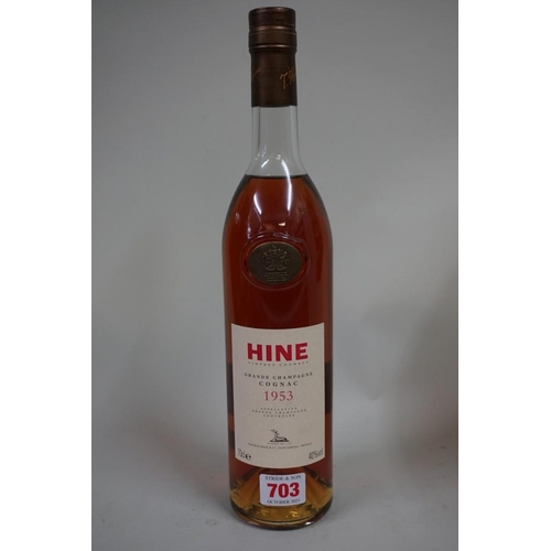 163 - A 70cl bottle of Hine 1953 vintage 'Grand Champagne' cognac, in presentation box.