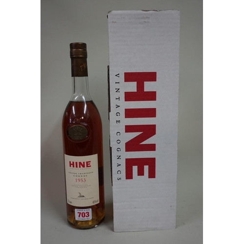 163 - A 70cl bottle of Hine 1953 vintage 'Grand Champagne' cognac, in presentation box.