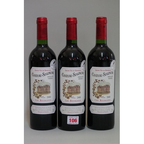 106 - Three 75cl bottles of Chateau Segonzac Vieilles Vignes, 2000, 1er Cotes de Blaye. (3)... 