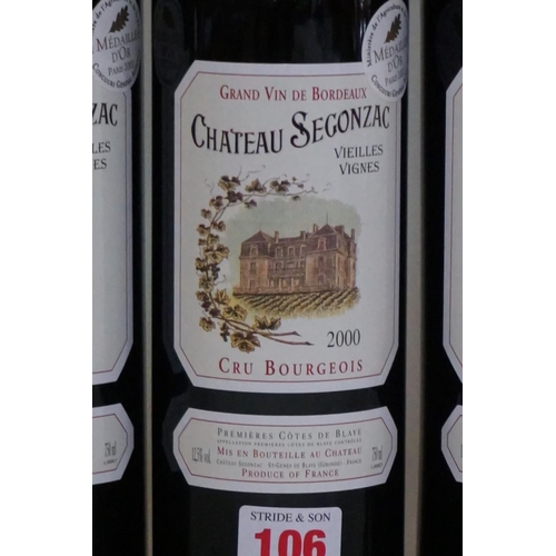 106 - Three 75cl bottles of Chateau Segonzac Vieilles Vignes, 2000, 1er Cotes de Blaye. (3)... 