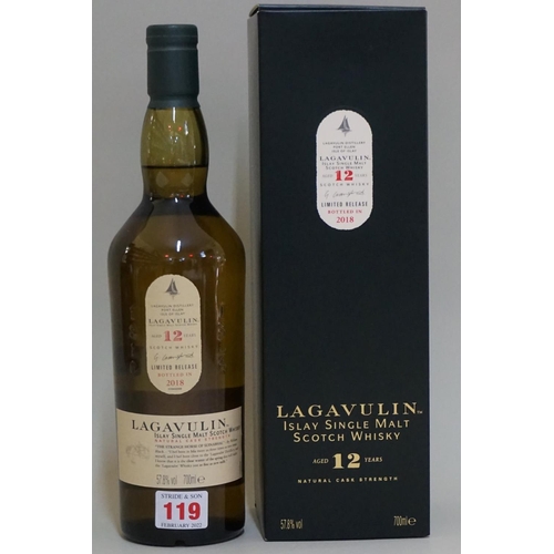 119 - A 70cl bottle of Lagavulin 12 year old whisky, 57.8% abv, limited release bottled in 2018, in card b... 