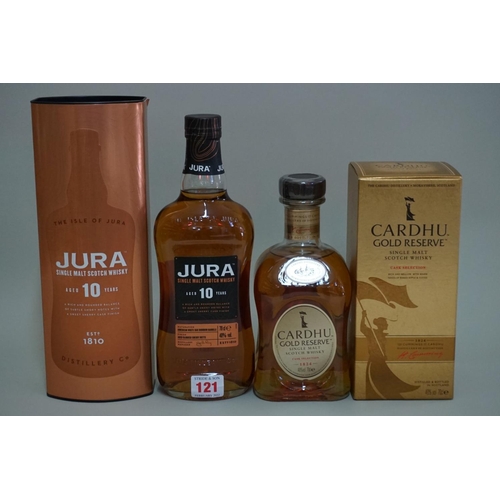 121 - Two 70cl bottles of single malt whisky, comprising: Jura 10 year old, in tube; and Cardhu 'Gold Rese... 