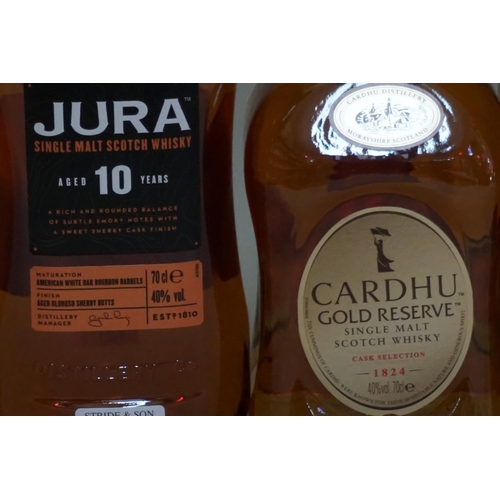 121 - Two 70cl bottles of single malt whisky, comprising: Jura 10 year old, in tube; and Cardhu 'Gold Rese... 