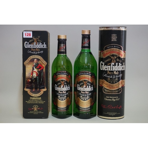 128 - Two bottles of Glenfiddich 'Pure Malt' whisky, comprising: a 70cl bottle, in 'Clan Sinclair' ti... 