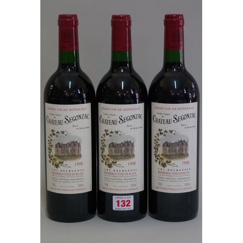 132 - Three 75cl bottles of Chateau Segonzac Vieilles Vignes, 1998, 1er Cotes de Blaye. (3)... 