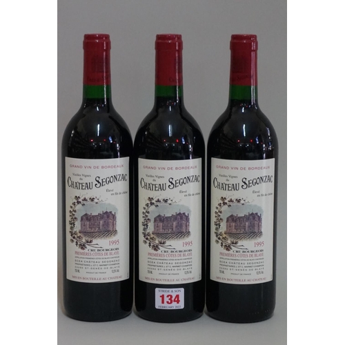 134 - Three 75cl bottles of Chateau Segonzac Vieilles Vignes, 1995, 1er Cotes de Blaye. (3)... 