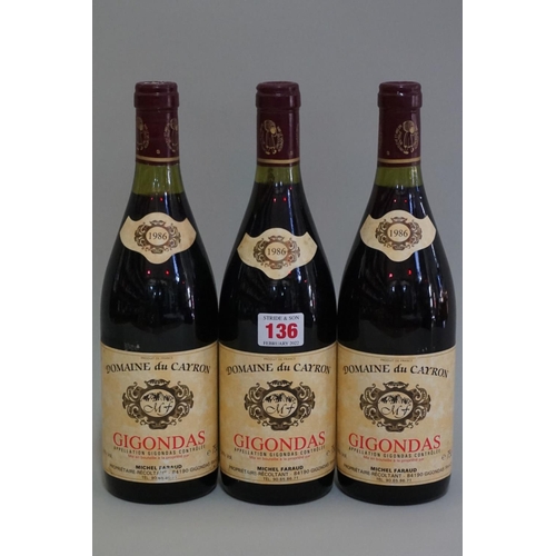 136 - Three 75cl bottles of Gigondas Domaine du Cayron, 1986, Michel Faraud. (3)