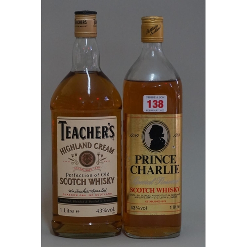 138 - Two 1 litre bottles of blended whisky, comprising: Teacher's and Prince Charlie. (2)... 