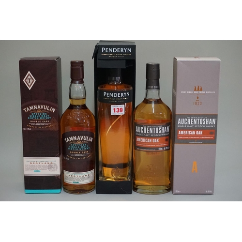 139 - Three 70cl bottle of single malt whisky, comprising: Auchentoshan 'American Oak'; Penderyn 'Madeira ... 