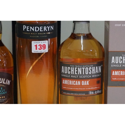 139 - Three 70cl bottle of single malt whisky, comprising: Auchentoshan 'American Oak'; Penderyn 'Madeira ... 