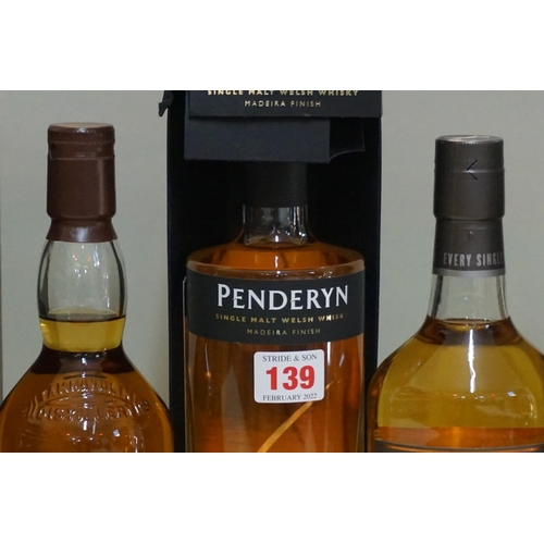 139 - Three 70cl bottle of single malt whisky, comprising: Auchentoshan 'American Oak'; Penderyn 'Madeira ... 