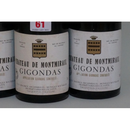 61 - Three 75cl bottles of Gigondas Cuvee Beauchamps, 1986, Chateau Montmirail. (3)