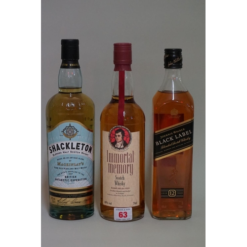 63 - Three 70cl bottles of blended whisky, comprising: Johnnie Walker 'Black label'; Immortal Memory; and... 